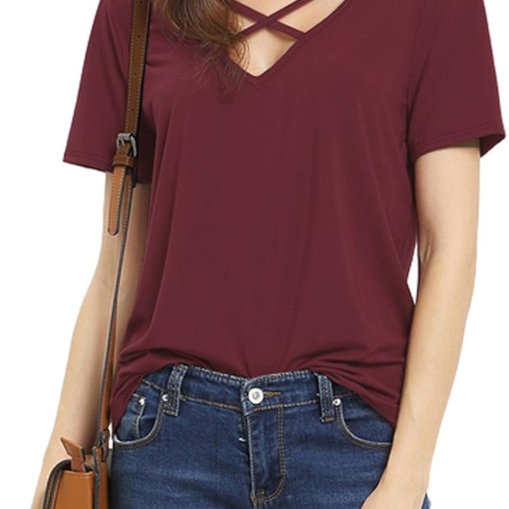 Red Criss-Cross V-Neck Short Sleeve Tee